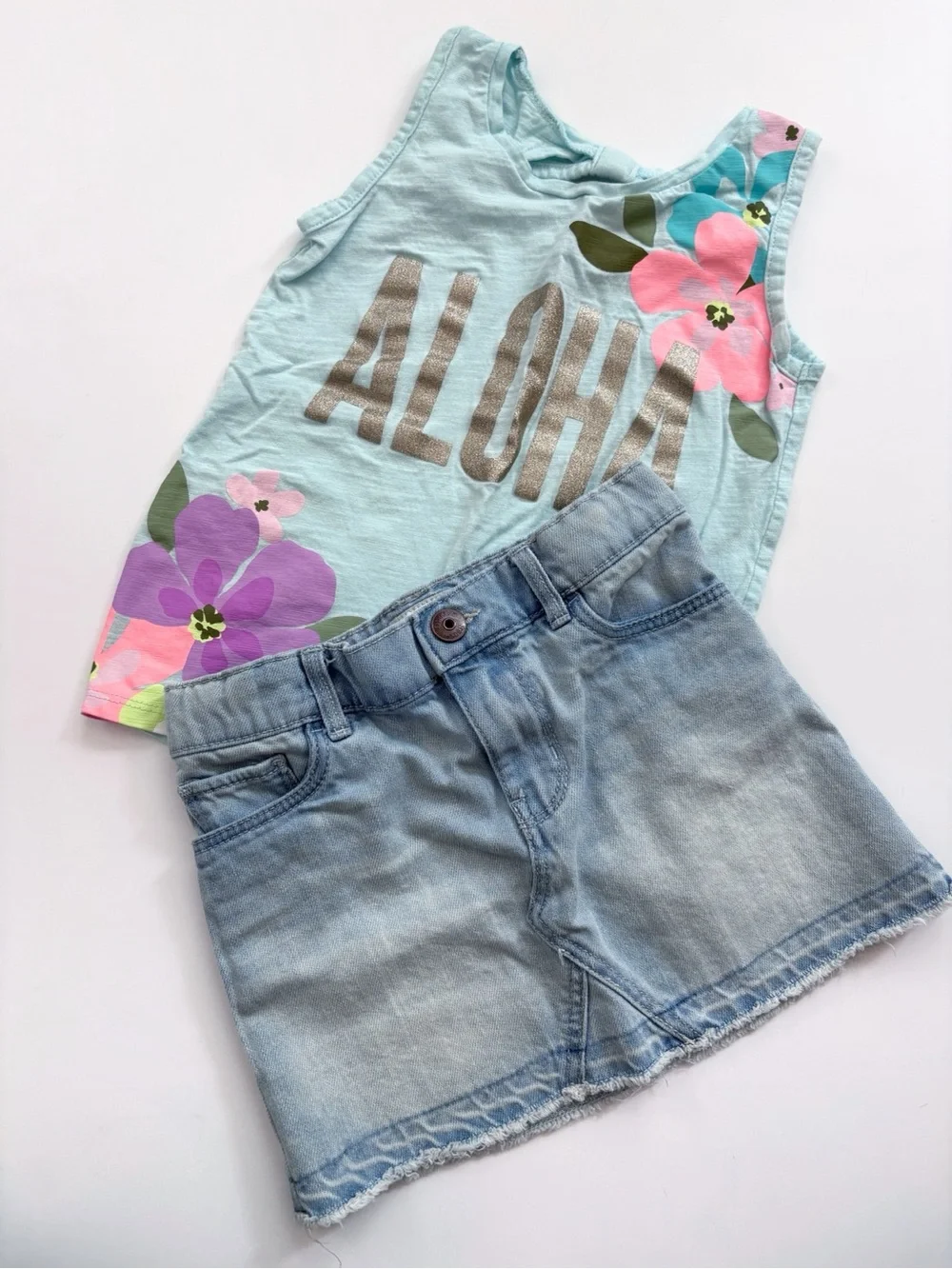 OshKosh B'gosh Denim Skirt & Carter’s Light Blue Floral 'Aloha' Tank Size 5